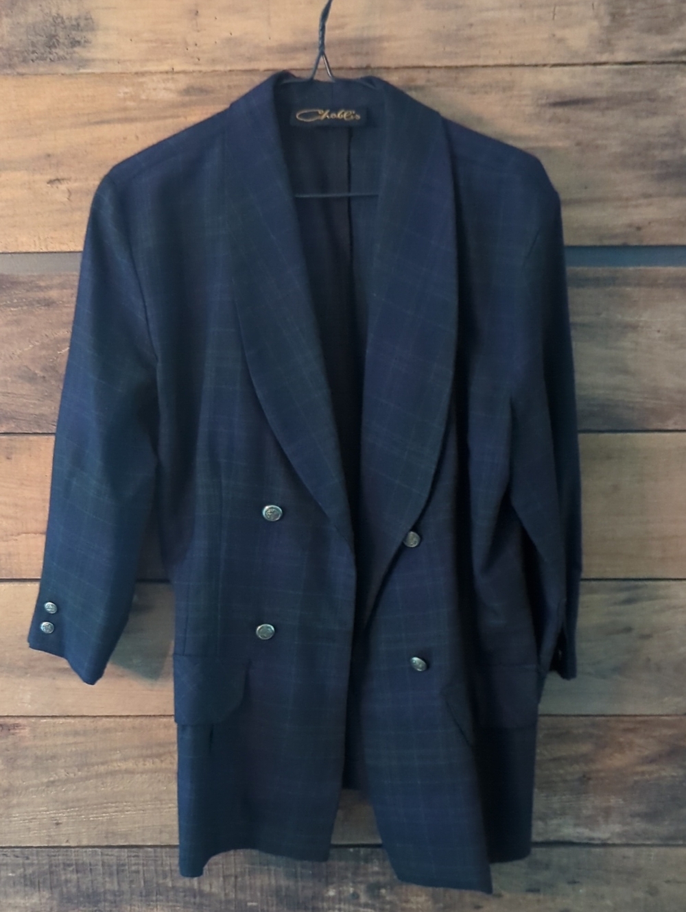 Chablis Navy With Green And Purple Checkered Pattern Double-Breasted Blazer